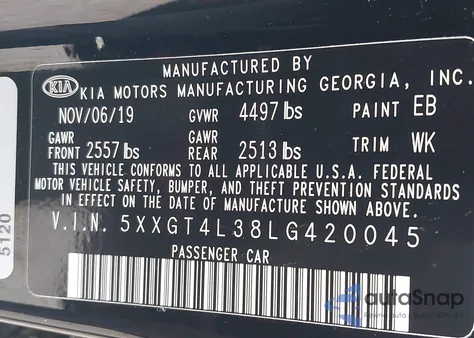 2020 Kia Optima Lx из США, поврежденный, VIN 5XXGT4L38LG420045